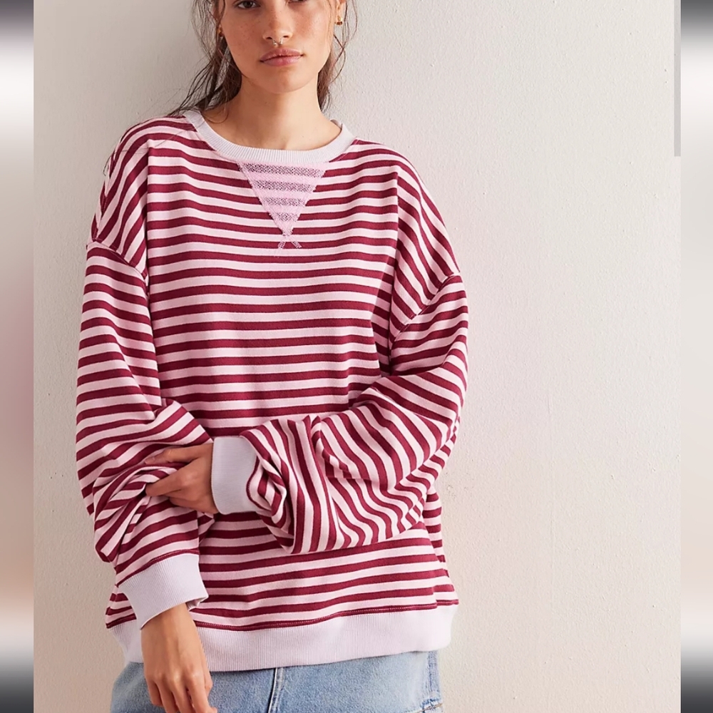 We The Free by Free Striped Crewneck Oversized Sweatshirt in Raspberry Combo